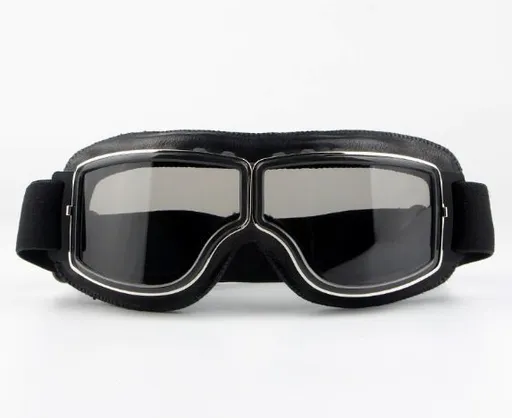Retro Black Motorcycle Goggles, Anti-Fog Motocross Riding Goggles with Leather Strap - Gray