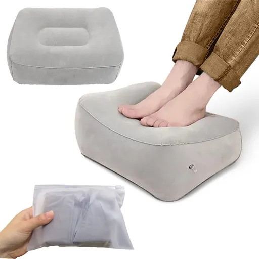 Inflatable Travel Foot Rest Pillow,Soft Flocking Pillow, Flights Relax Cushion Leg Up with Air Pump for Office (Gray, 1 Pcs)