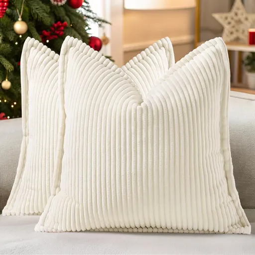 Christmas Corduroy Cream White Throw Pillow Covers 18x18 Set of 2 Decorative Soft Boho Farmhouse Euro Couch Pillow Covers for Living Room Bed Sofa Broadside Striped Pillow Cases