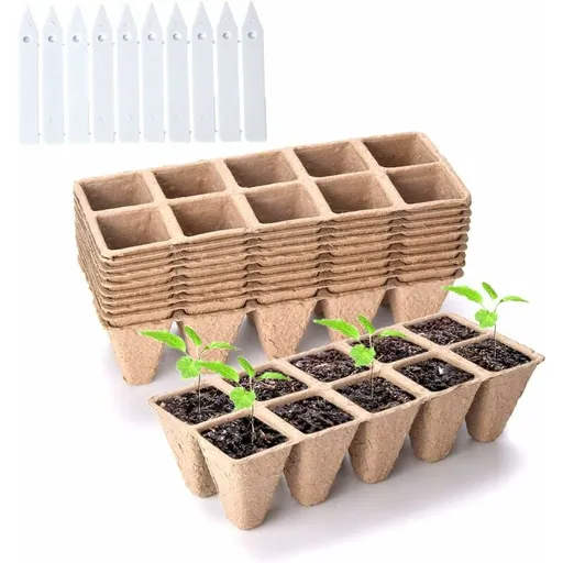 10 Pack Peat Pots, 100 Cells Biodegradable Seedling Starter Kit For Indoor Outdoor, Includes 10 Plastic Plant Labels