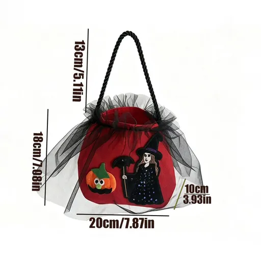 Halloween Cartoon Candy Tote: Witch & Pumpkin Tulle Design, Eye-Catching for Trick-or-Treat & Parties!（red)