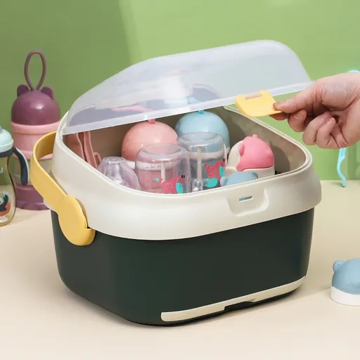 Baby Bottle Drying Rack Nursing Bottle Storage Box Container with Swivel Vent Dust Cover Drain Tray Detachable Holder Green