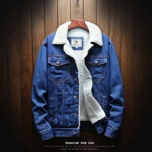 Men Fleece Lined Denim Jacket Korean Style Thick... Dark Blue Size: L; Height (cm): 170-175; Weight (kg): 65-75; Bust (cm): 104; Shoulder width (cm): 45; Length (cm): 68; Sleeve length (cm): 62