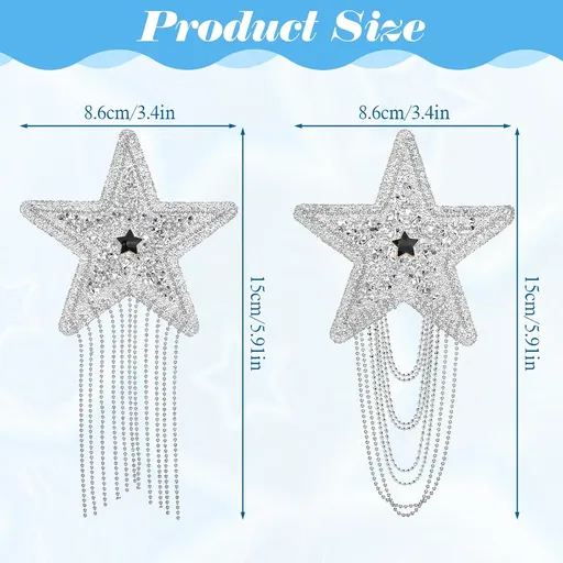 6PCS Rhinestone Star Iron on Patches, Shiny Silver Rhinestone Tassel Star with Chains Glitter Sequin Patches for Trucker Hats Jeans Bags Backpacks Jackets Denim DIY Appliques Art Crafts
