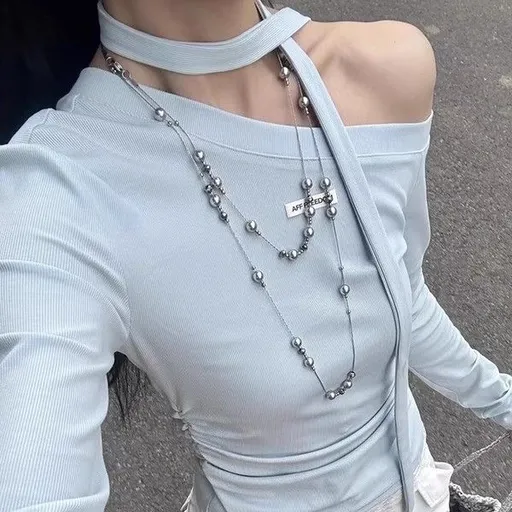 Beaded Necklace Vintage Y2K Layered Design Clavicle Length Grey Pearl