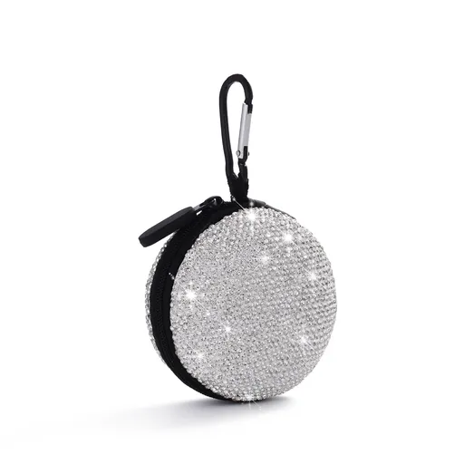 Earphone Case Earbuds Small Carrying Cases Bling Rhinestone Crystal Portable Headphone Organizer Storage Pouch Bag with Carabiner
