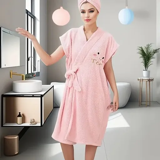 Women's Coral Fleece Pineapple Grid Two-Piece Set | Cloud-Like Touch Adjustable Bath Robe + Hair Towel, Adjustable Tie Belt, Suitable for Daily Home Use(Qingxin powder)