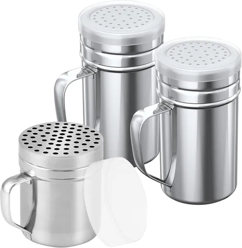 [1-pc] 10 oz Metal Parmesan Cheese Shaker (Large Holes) + [2-pcs] 14 oz Metal Salt Pepper Dredge Shakers - with Plastic Caps & Handles Bundle