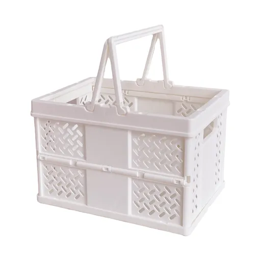 White Foldable Storage Basket with Handles - Portable Multi Purpose Desktop Organiser Crate for Snacks, Kitchen Storage, Books and Household Essentials
