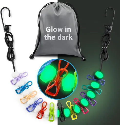 Retractable Travel Clothesline - Glow in The Dark Portable Clothes Line - 7.5ft/2.2m Camping Clotheslines for Outside, Hotel Room or Cruise - Laundry Line, Clothes Drying Line, Clothing Line Outdoor