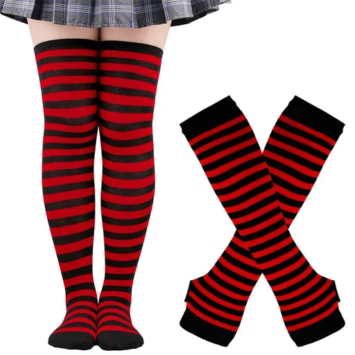 1 Set Black and Red Striped Arm Warmers and Knee Socks, Fingerless Knit Gloves