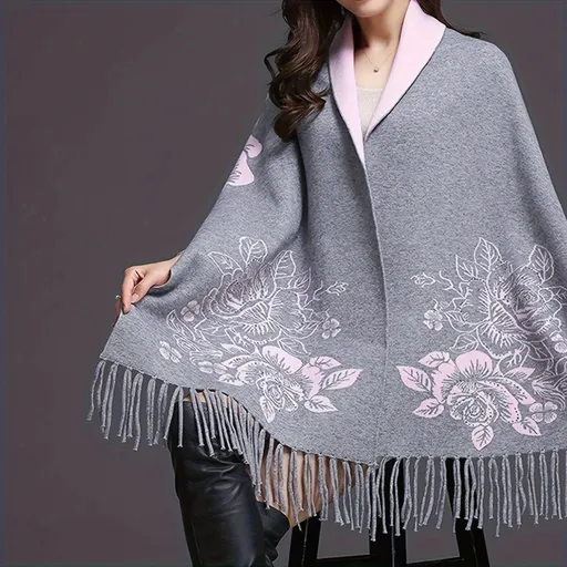 Double-sided Jacquard Cheongsam Shawl, Color-Blocked Fringed Cape Design, Autumn/Winter Fashion & Warmth Two-in-One Scarf(GREY)