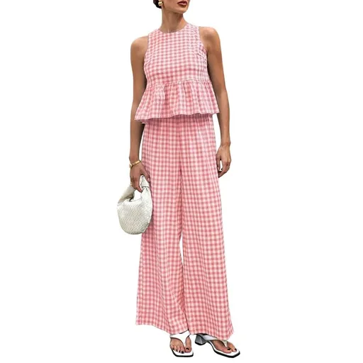 Women'S 2 Piece Set Summer Outfits Ruffle Tank Top and Wide Leg Pants Matching Lounge Set Pink M
