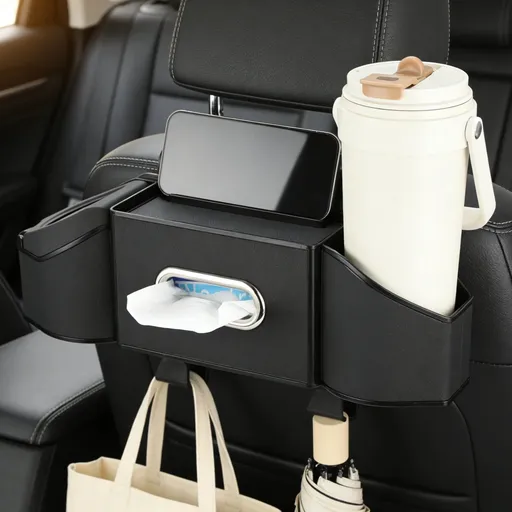 7-in-1 Car Seat Back Organizer, Multifunctional Storage with Cup Holder, Dual-Use Trash Can, Tissue Box, 2 Hooks, Easy to Install Back Seat Car Organizer