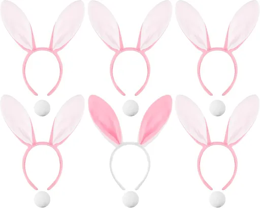 6 Sets Easter Bunny Ears Headbands and Tail, Long Furry Plush Rabbit Ear Headband for Bachelorette Wedding Cosplay White -