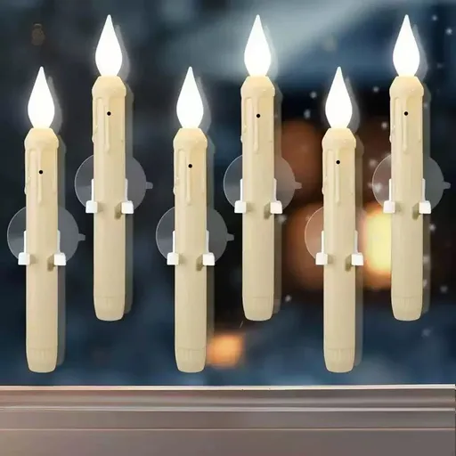 Set of 6 LED Flickering Window Candles with Light Sensor, Battery Operated Dusk to Dawn Auto-On/Off, Realistic 3D Flame, Suction Cup Mount for Christmas Holiday Home Decor (White)