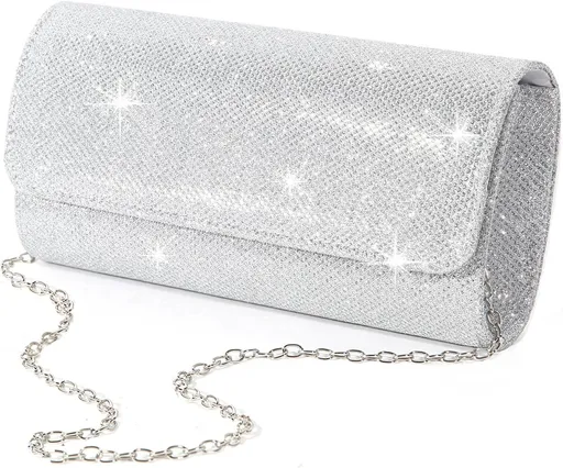 Evening Bag Clutch Purses for Women, Ladies Sparkling Party Handbag Wedding Bag, Silver