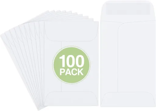 #1 Coin Envelopes Eupako 100 PCS 2.25x 3.5" White Small Parts Envelope with Gummed Flap Kraft Seed Envelopes for Garden, Home and Office