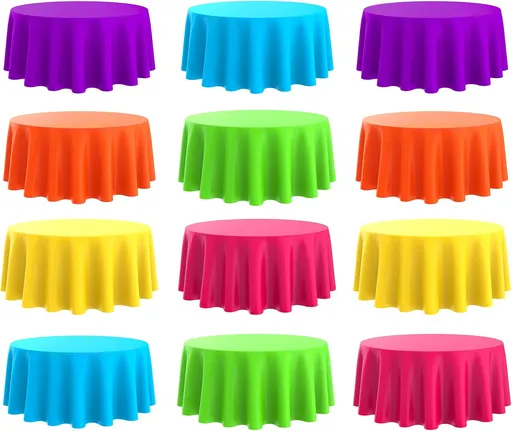 Round Tablecloth 84 Inch Premium Plastic Table Cloth Disposable Table Covers Waterproof Tablecloths for Party Dinner Birthday Camping Picnic (Bright Color, 12 Pack)