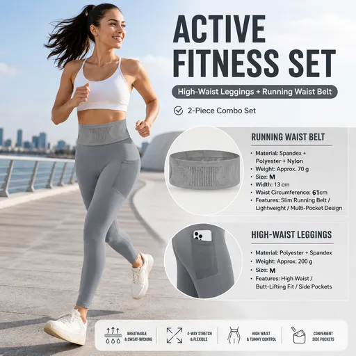 Comfortable Outdoor Sports Set-Grey M Size Running Waist Belt and Grey M Size High-Waisted Yoga Leggings - Breathable Spandex Blend, Side Pockets for Phone and Keys, Lightweight Fitness Gear for Running and Gym
