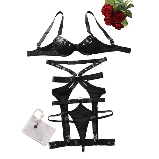 House Of Dasein Strap Cross Uniform Set Sexy Gathering Fun Underwear Four Piece - Black - S