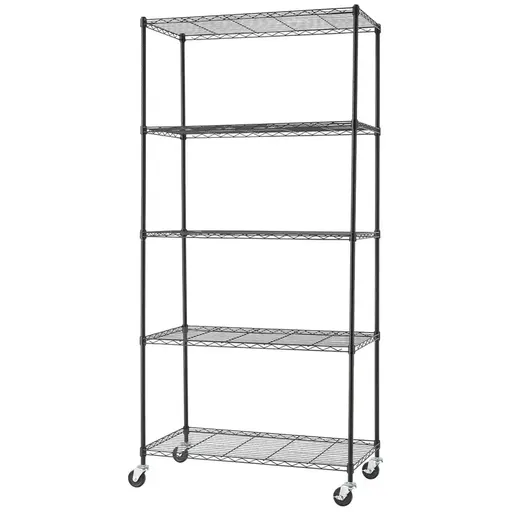 5 Tier Black Shelving Rack - Adjustable, No Tools Required, 113.4kg Capacity