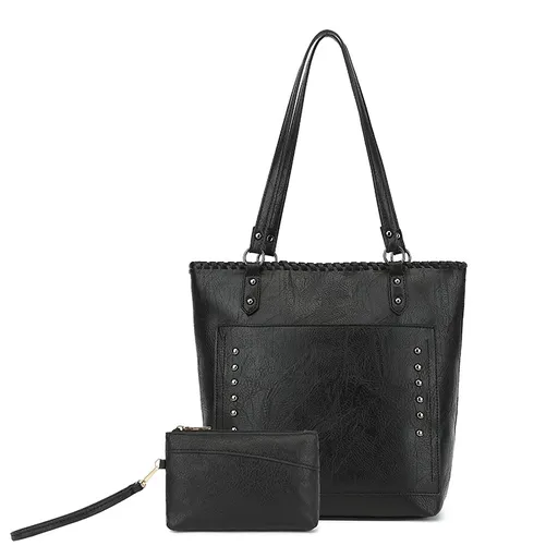 Black Minimalist Large Capacity Tote Bag with Detachable Pouch – Soft PU Leather Shoulder Handbag for Everyday Use