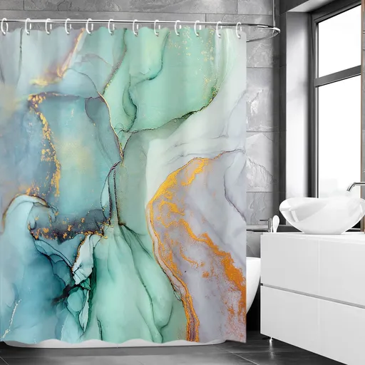 Green Shower Curtain, Marble Shower Curtains Set with 12 Hooks, Green Marble Shower Curtain, Blue Gray Shower Curtain, 72Wx72H
