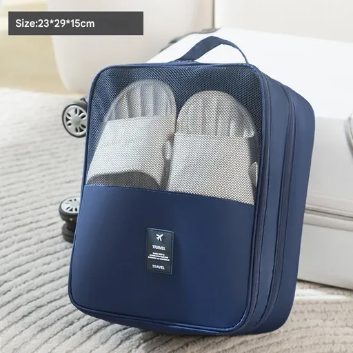 2 Pcs Dark Blue Waterproof Foldable Travel Shoe Storage Bag, Three-Layer Design Shoe Organizer, Portable Shoe Pouch for Trips