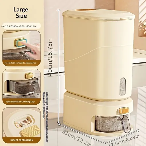 large capacity rice dispenser, measuring cup, time scale, plastic grain storage container, sealed food storage, insect proof food storage, moisture proof food storage, flour storage, pet food storage, Australian kitchen - Creamy - Size 20L