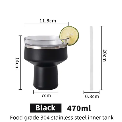 Black 470ML Stainless Steel Martini Tumbler Cup with 360°Salt & Sip Lid, Internal Markers and Straw - Double Wall Vacuum Insulated Drink Cup for Coffee Cocktails Cold Drinks and Outdoor Use