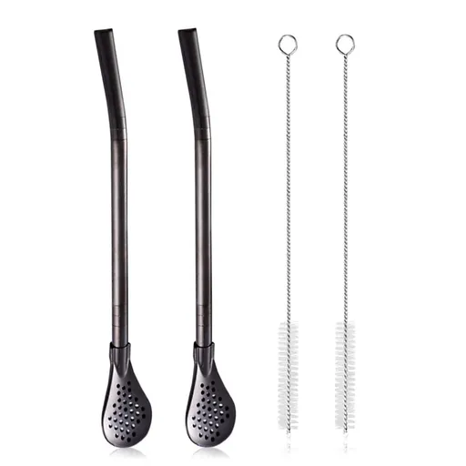 2Pcs Removable Stainless Steel Straw Filter Spoon with 2 Cleaning Brush,Straw, Reusable Metal Straw Spoon Cocktail