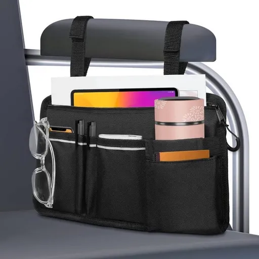 Wheelchair Armrest Storage Bag with Cup Holder and Reflective Stripe