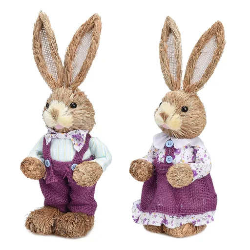 2 Pcs Handmade Straw Bunny Woven Standing Bunny Statue Decor for Indoor Child Party Purple