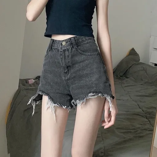 Women High Waist Denim Shorts Summer Cotton Black Gray 2XL
