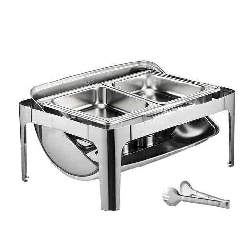Roll Top Chafing Dish Buffet Complete Set, 9 Qt 1 Pack Stainless Steel Chafer with 2 Half Size Pans, Rectangle Catering Warmer Server with Visible Lid Water Pan Folding Stand Fuel Holder, Silver