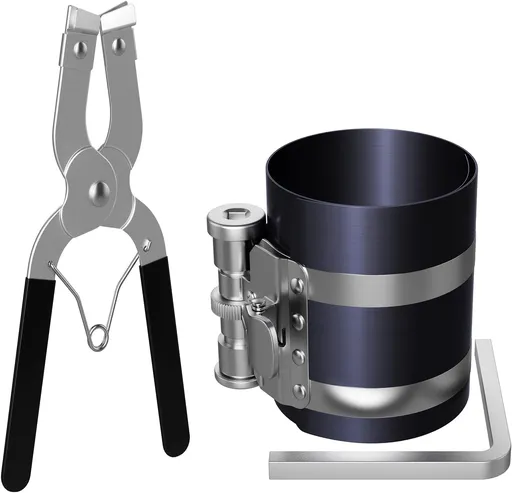 Piston Ring Compressor Tool,Car Engine Piston Ring Installer Removal Kit，Adjustable Sizes From 2-1/8 Inches To 7 Inches (53mm - 175mm) with Piston Installer Plier