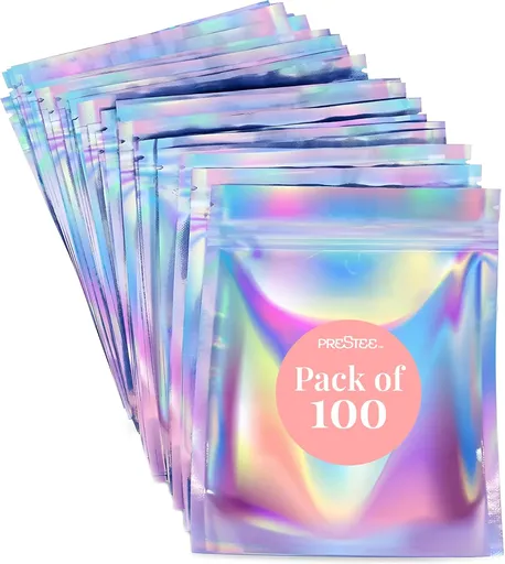100 Pack Mylar Bags 4x6 - Resealable Holographic Bags with Window - Smell Proof Mylar Bag for Food Storage, Candy Bag, Packaging Bags for Small Business, Snacks, Coffee, Herbs, and More