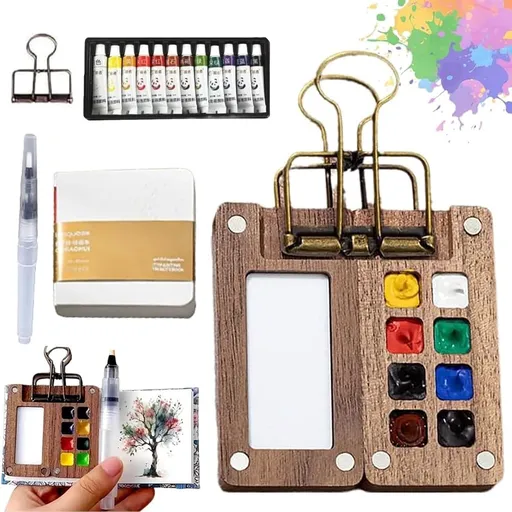 Mini Watercolor Paint Set for Travel - Portable Palette with 8 Grids - Pocket Watercolor Set - Pocket Travel Paint Tray Box - Portable Artist Palette Sets with Colors, Book, Binder Clips, Pens, Wooden Paint Box - for Painters, Artists, Students
