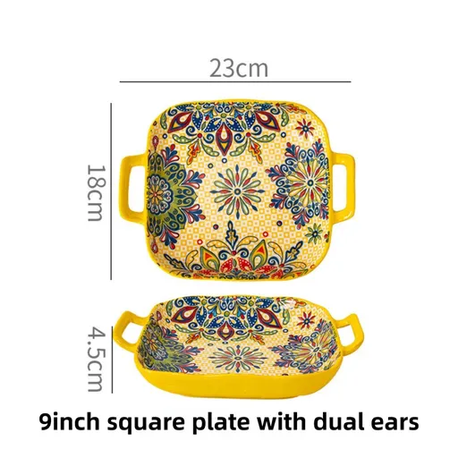 9-Inch Underglaze Ceramic Square Serving Plate with Dual Handles (Mirror Sunlight Style) - Microwave and Oven Safe Pasta & Fruit Tray