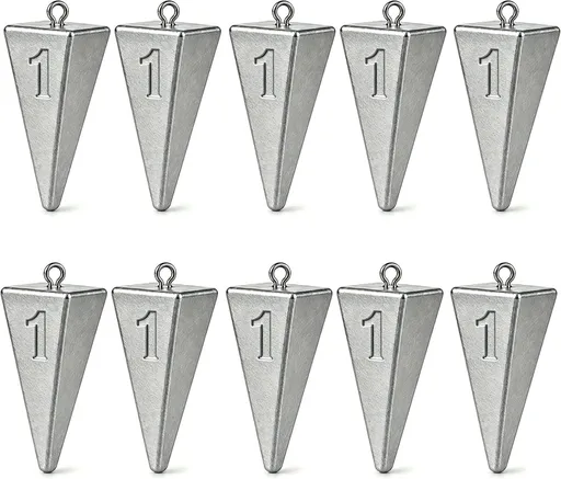 10 Pack Pyramid Fishing Sinkers, 28 g No Roll Triangle Weights for Surf, Beach, Pier and Ocean Saltwater Fishing Tackle