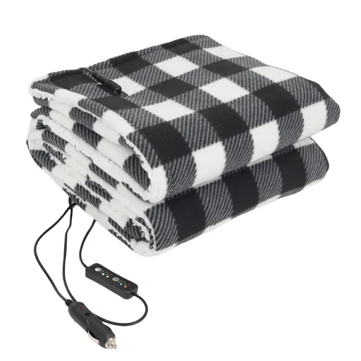 12V Car Electric Blanket for Cozy Winter Travel – Soft Fleece Heating Throw for Cars, Trucks, RVs, and Camping – Dual-Color Plaid Design with Warm Sherpa Lining – Portable, Safe, and Energy-Efficient (Black)