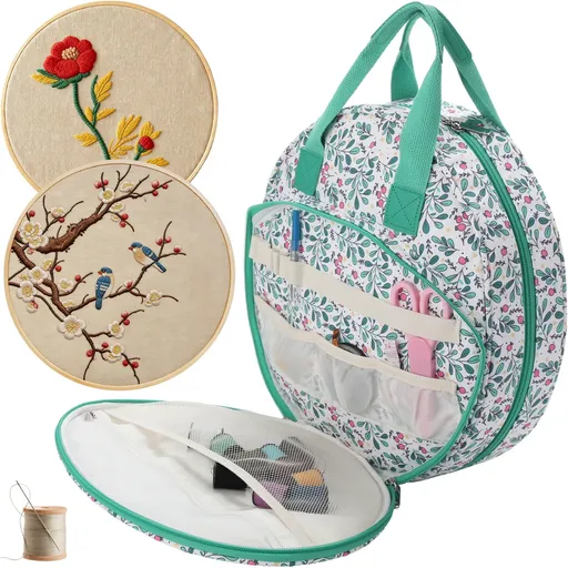 Embroidery Project Bag, Portable Round Embroidery Supplies Carrying Tote with Multiple Pockets, Floral Patterns Design, Suitable for Cross Stitch, Crafting Supplies & Sewing Tools