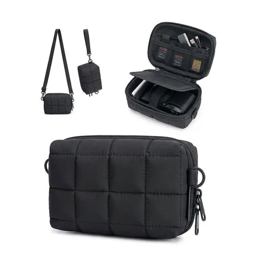 Puffy Puffer Camera Crossbody Bag with Adjustable Shoulder Strap, Shockproof EVA Hard Shell and Soft Lining for Small Digital Cameras, Memory Cards and Daily Essentials (Black)