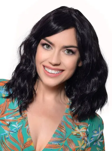 Deluxe Wavy Mid-Length Black Fashion Wig with Skin Top