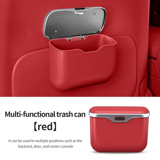 Car Trash Can Hanging Rubbish Bin with Lid Waterproof Leather Vehicle Organiser Storage Box for Door Seat Back Console Red