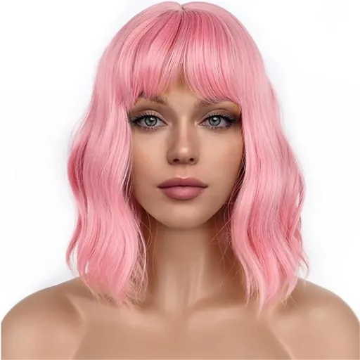 14Inches Loose Wave Wig Wavy Pink Bob Wig with Air Bang Curly Hair Wigs Synthetic Cosplay Party Wigs for Women (14Inches,Solid Pink)