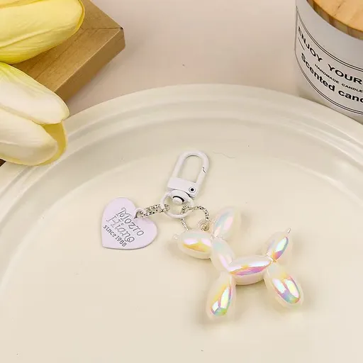 2-Piece Balloon Dog Keychain Set with Heart Charm Shiny Iridescent Finish Cute Couple Gift