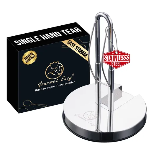 Gourmet Easy Stainless Steel Paper Towel Holder, Anti-Slip for One-Hand Tear, Adjustable & Foldable
