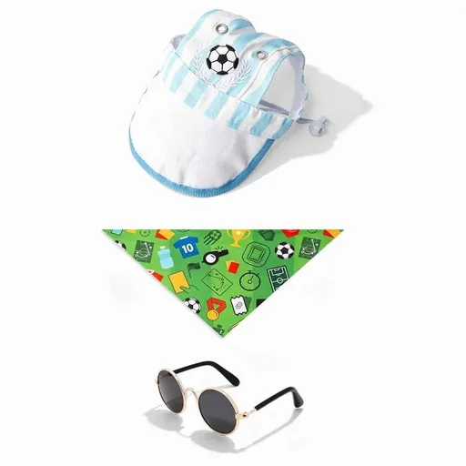 3PCS Pet Costume Football Cup Theme Pet Hat & Bandana Set, Dog Cat Soccer Football Cap with Ear Holes, Adjustable Sun Visor for Dogs & Cats (Blue, Small)